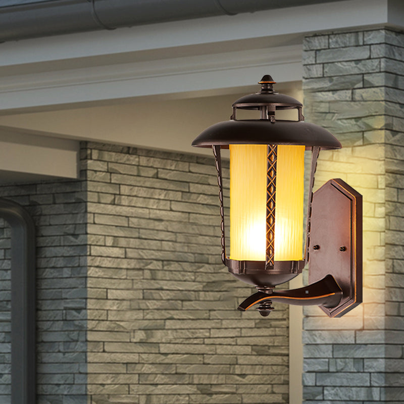 Rustic Style Lantern Wall Sconce Lamp 1-Bulb Opal Frosted Glass Wall Lighting Fixture in Dark Coffee Clearhalo 'Wall Lamps & Sconces' 'Wall Lights' Lighting' 817902