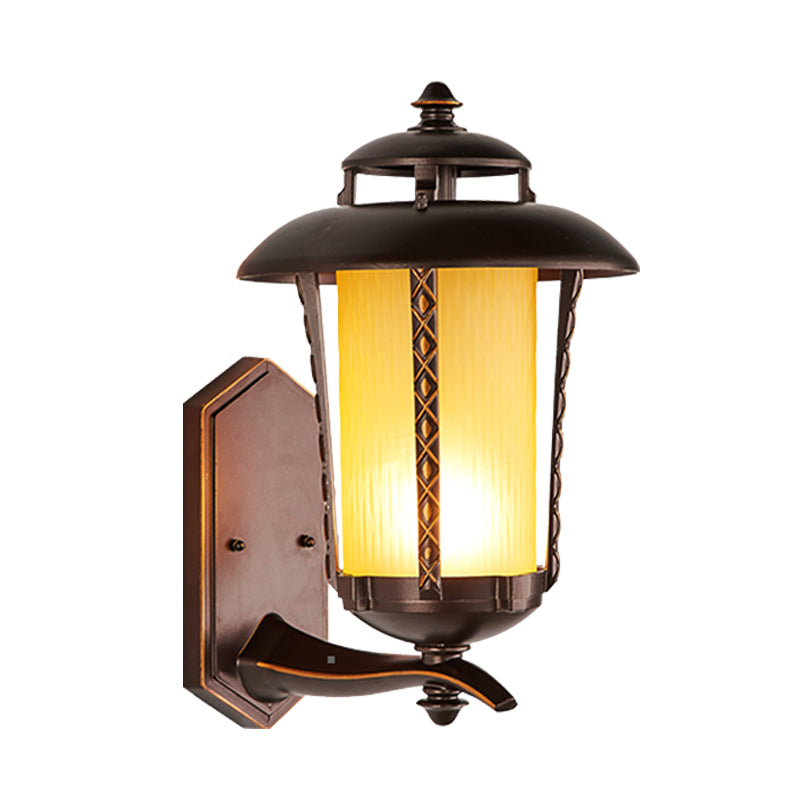 Rustic Style Lantern Wall Sconce Lamp 1-Bulb Opal Frosted Glass Wall Lighting Fixture in Dark Coffee Clearhalo 'Wall Lamps & Sconces' 'Wall Lights' Lighting' 817903