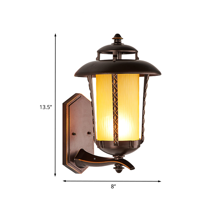 Rustic Style Lantern Wall Sconce Lamp 1-Bulb Opal Frosted Glass Wall Lighting Fixture in Dark Coffee Clearhalo 'Wall Lamps & Sconces' 'Wall Lights' Lighting' 817904