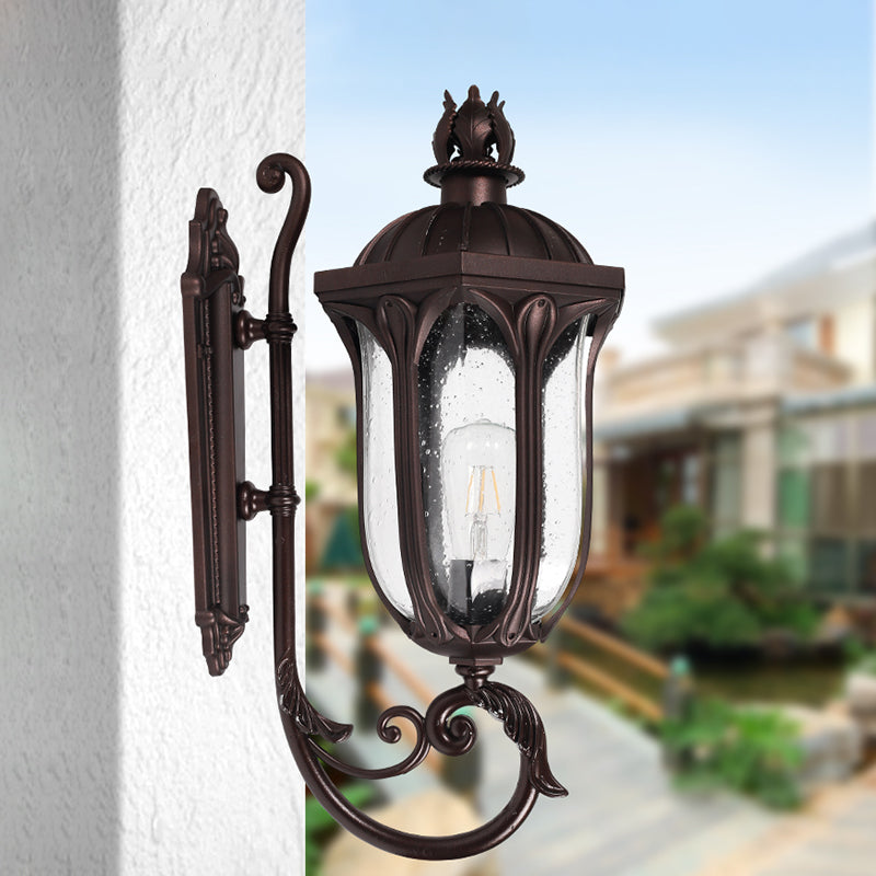 Swooping Arm Seedy Glass Sconce Lodge 1-Head Courtyard Wall Light Fixture in Dark Coffee Dark Coffee Clearhalo 'Wall Lamps & Sconces' 'Wall Lights' Lighting' 817905