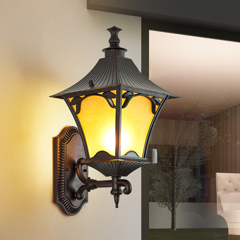 Straight Arm Outdoor Sconce Lamp Rural Yellow Glass 1-Light Wall Mounted Light Fixture Black Clearhalo 'Wall Lamps & Sconces' 'Wall Lights' Lighting' 817909