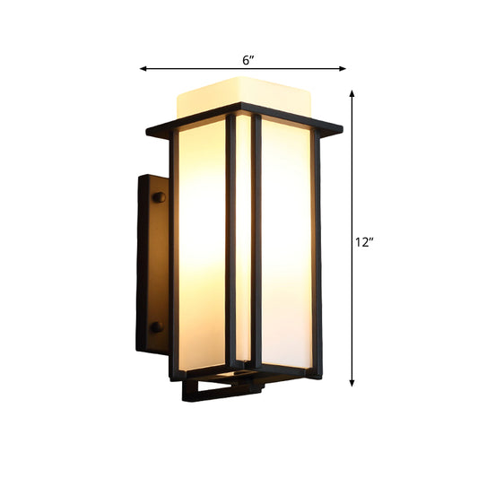 Black 1 Bulb Wall Mounted Lamp Vintage Frosted Glass Rectangle Wall Lighting Ideas with Metal Frame Clearhalo 'Wall Lamps & Sconces' 'Wall Lights' Lighting' 817961