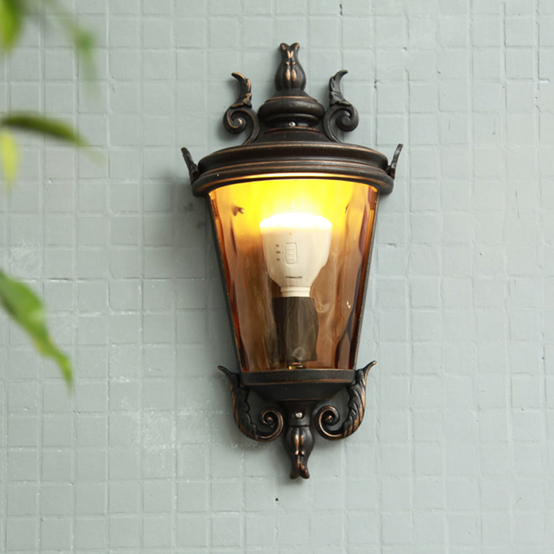 Country Lantern Sconce Light 1 Light Amber Dimple Glass Wall Lighting in Brown and Black Brown-Black Clearhalo 'Wall Lamps & Sconces' 'Wall Lights' Lighting' 817962