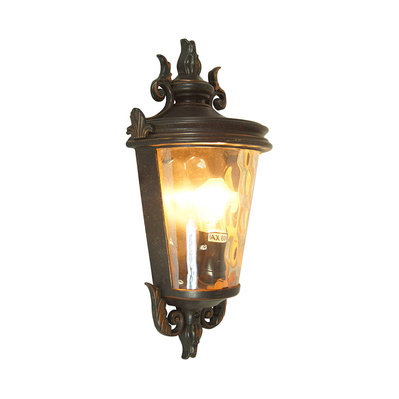 Country Lantern Sconce Light 1 Light Amber Dimple Glass Wall Lighting in Brown and Black Clearhalo 'Wall Lamps & Sconces' 'Wall Lights' Lighting' 817964