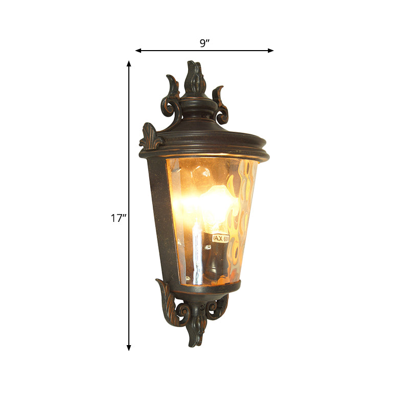 Country Lantern Sconce Light 1 Light Amber Dimple Glass Wall Lighting in Brown and Black Clearhalo 'Wall Lamps & Sconces' 'Wall Lights' Lighting' 817965