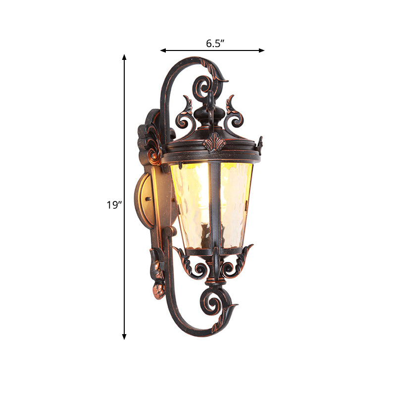 1-Head Wall Mounted Light Cottage Patio Sconce Lamp with Lantern Amber Dimple Glass Shade in Black Clearhalo 'Wall Lamps & Sconces' 'Wall Lights' Lighting' 817973