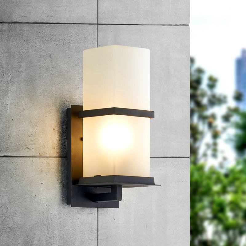 1 Head White Glass Wall Mounted Light Lodge Black Rectangle Courtyard Wall Lighting Black Clearhalo 'Wall Lamps & Sconces' 'Wall Lights' Lighting' 817974