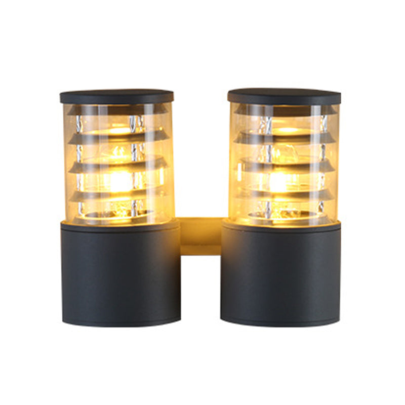 Cylinder Clear Glass Wall Light Sconce Country 2 Lights Outdoor Wall Mounted Lamp in Grey with Inner Multi Circle Clearhalo 'Wall Lamps & Sconces' 'Wall Lights' Lighting' 818028