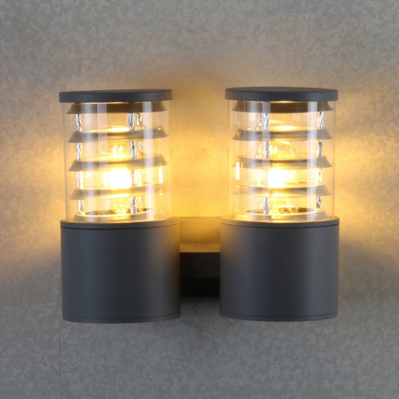 Cylinder Clear Glass Wall Light Sconce Country 2 Lights Outdoor Wall Mounted Lamp in Grey with Inner Multi Circle Clearhalo 'Wall Lamps & Sconces' 'Wall Lights' Lighting' 818029