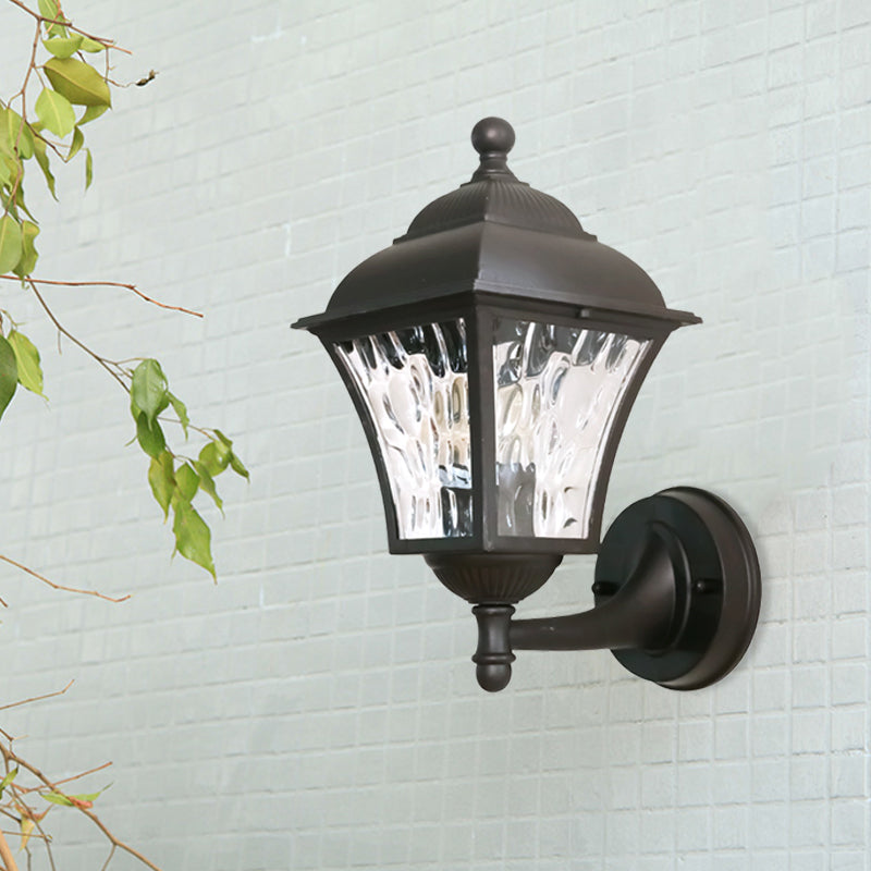 1-Bulb Wall Lighting Fixture Cottage Yard Sconce Light with Lantern Clear Dimpled Glass Shade in Dark Coffee Dark Coffee A Clearhalo 'Wall Lamps & Sconces' 'Wall Lights' Lighting' 818039