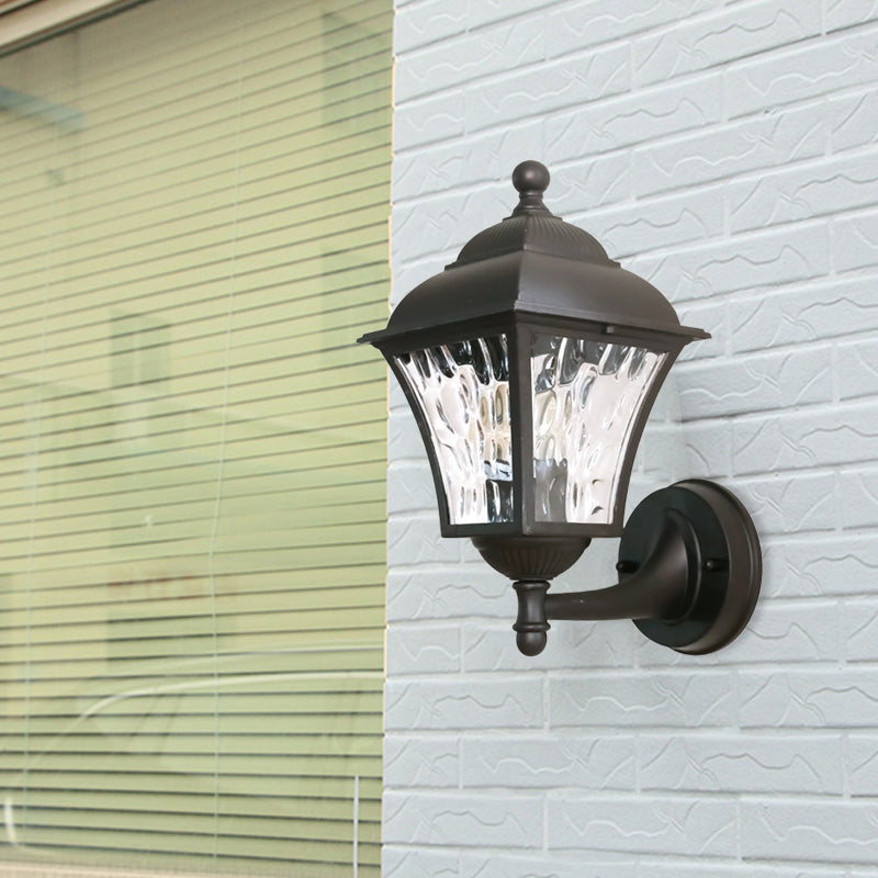 1-Bulb Wall Lighting Fixture Cottage Yard Sconce Light with Lantern Clear Dimpled Glass Shade in Dark Coffee Clearhalo 'Wall Lamps & Sconces' 'Wall Lights' Lighting' 818040