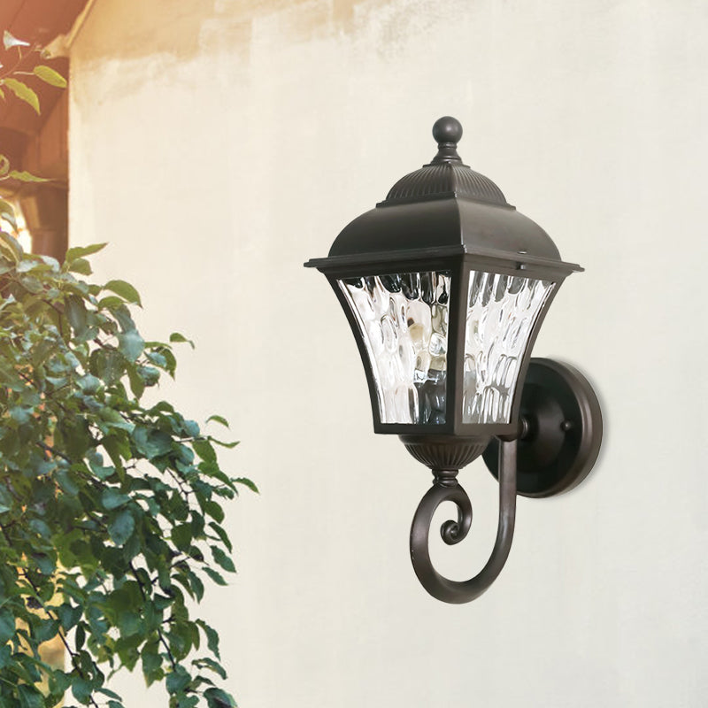 1-Bulb Wall Lighting Fixture Cottage Yard Sconce Light with Lantern Clear Dimpled Glass Shade in Dark Coffee Clearhalo 'Wall Lamps & Sconces' 'Wall Lights' Lighting' 818044