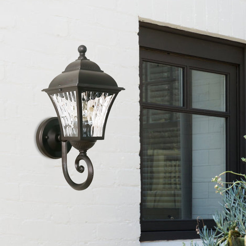 1-Bulb Wall Lighting Fixture Cottage Yard Sconce Light with Lantern Clear Dimpled Glass Shade in Dark Coffee Clearhalo 'Wall Lamps & Sconces' 'Wall Lights' Lighting' 818045