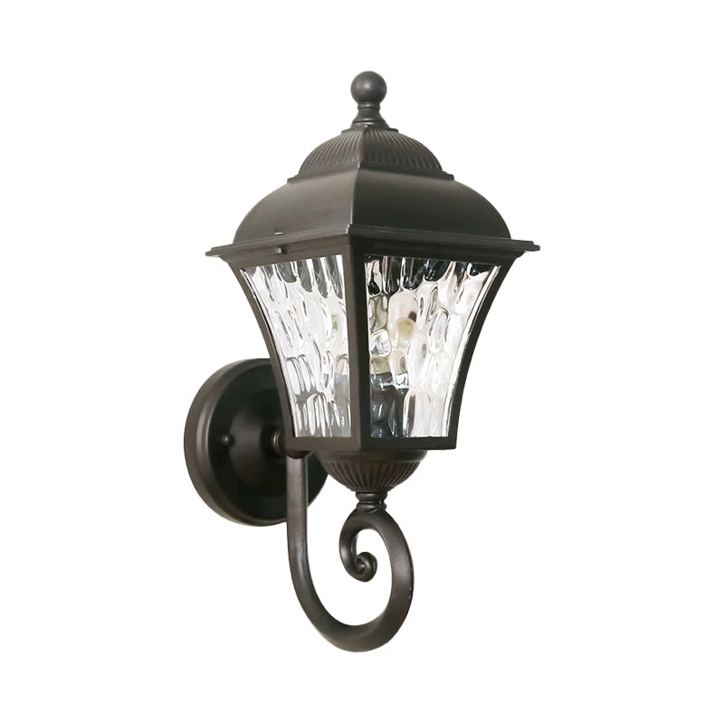 1-Bulb Wall Lighting Fixture Cottage Yard Sconce Light with Lantern Clear Dimpled Glass Shade in Dark Coffee Clearhalo 'Wall Lamps & Sconces' 'Wall Lights' Lighting' 818046