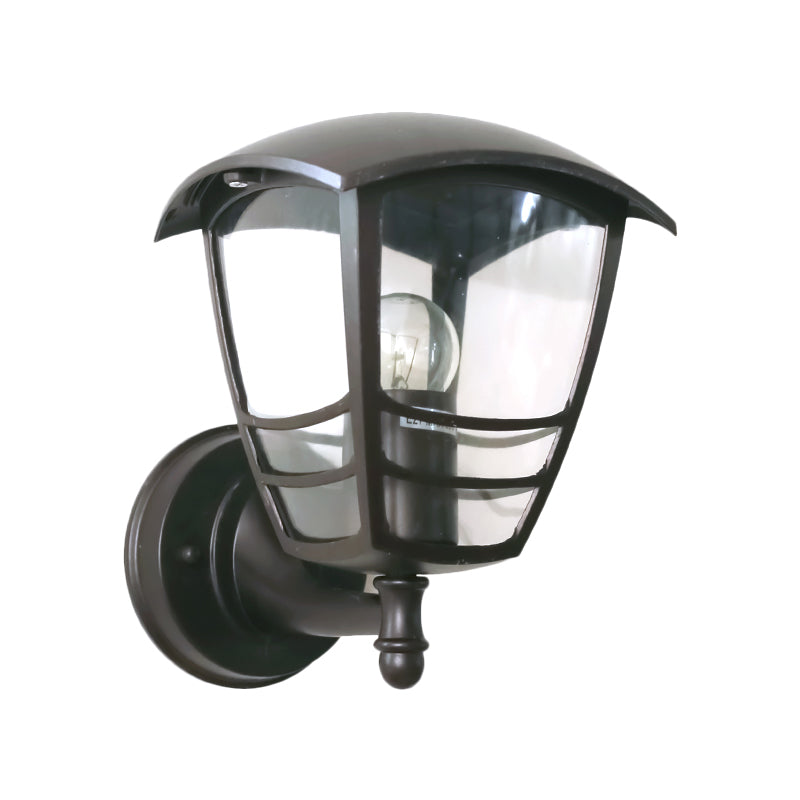 Dark Coffee 1-Light Wall Lighting Ideas Vintage Clear Glass Lantern Wall Lamp for Courtyard Clearhalo 'Wall Lamps & Sconces' 'Wall Lights' Lighting' 818050