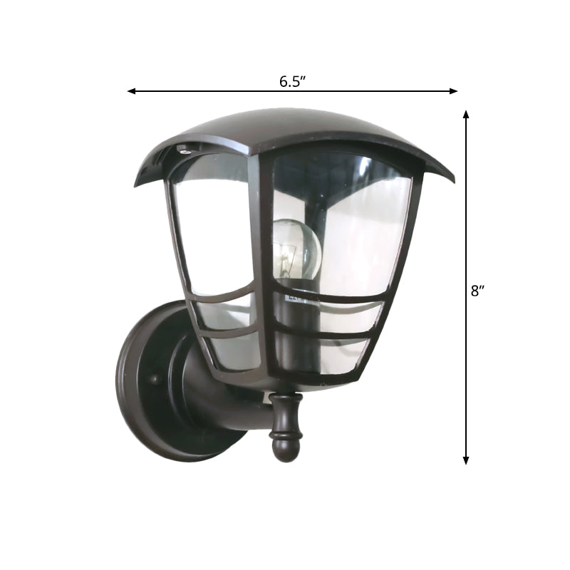 Dark Coffee 1-Light Wall Lighting Ideas Vintage Clear Glass Lantern Wall Lamp for Courtyard Clearhalo 'Wall Lamps & Sconces' 'Wall Lights' Lighting' 818051