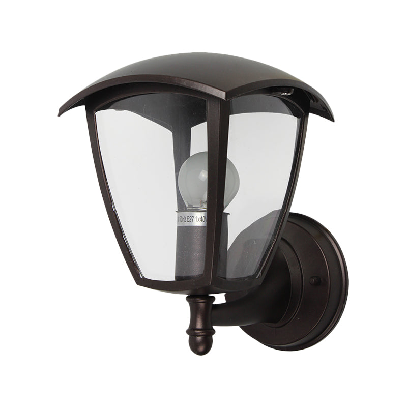 Dark Coffee 1-Light Wall Lighting Ideas Vintage Clear Glass Lantern Wall Lamp for Courtyard Clearhalo 'Wall Lamps & Sconces' 'Wall Lights' Lighting' 818054