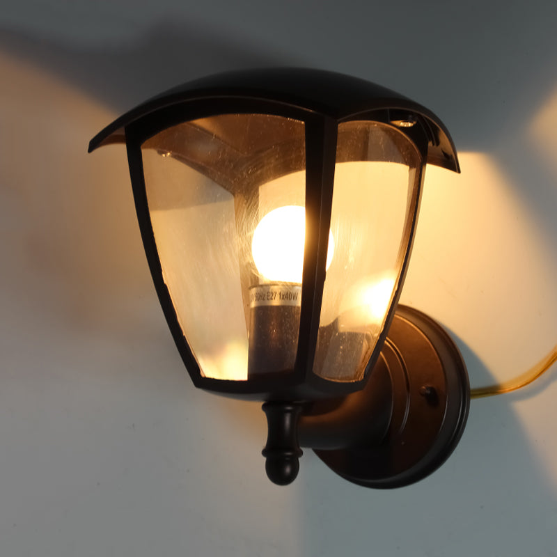 Dark Coffee 1-Light Wall Lighting Ideas Vintage Clear Glass Lantern Wall Lamp for Courtyard Clearhalo 'Wall Lamps & Sconces' 'Wall Lights' Lighting' 818055