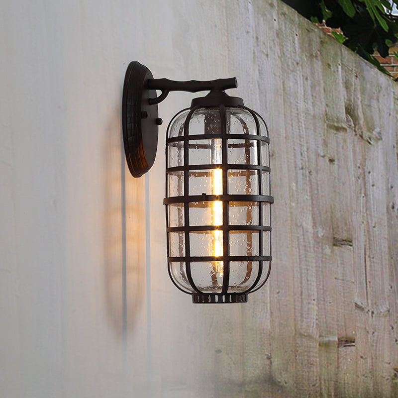 Lantern Courtyard Wall Mount Lamp Farmhouse Clear Bubble Glass 1 Bulb Black/Coffee Wall Lighting Ideas with Metal Cage Black Clearhalo 'Wall Lamps & Sconces' 'Wall Lights' Lighting' 818060