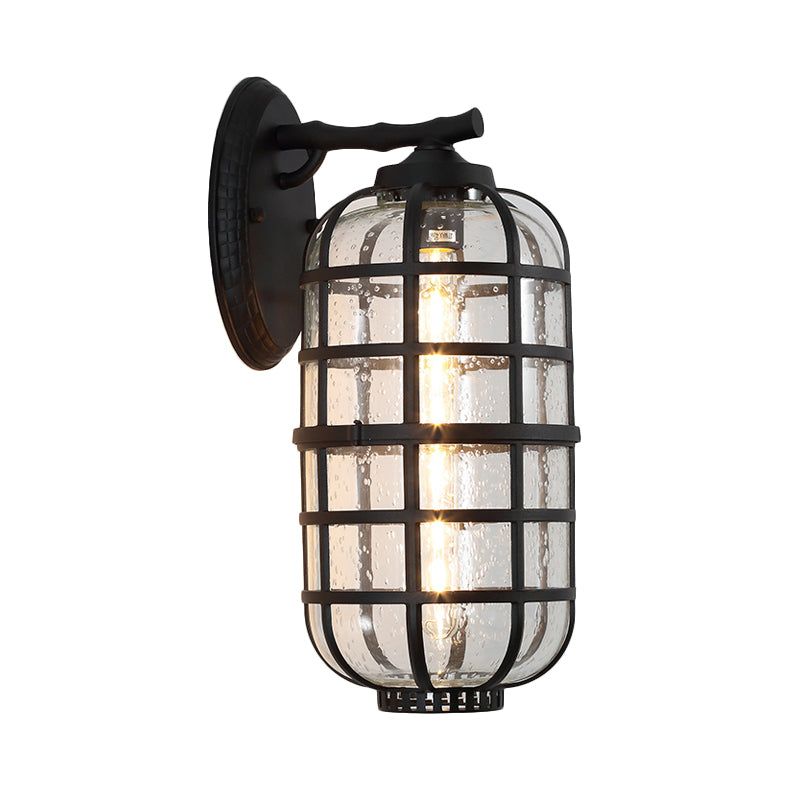 Lantern Courtyard Wall Mount Lamp Farmhouse Clear Bubble Glass 1 Bulb Black/Coffee Wall Lighting Ideas with Metal Cage Clearhalo 'Wall Lamps & Sconces' 'Wall Lights' Lighting' 818061