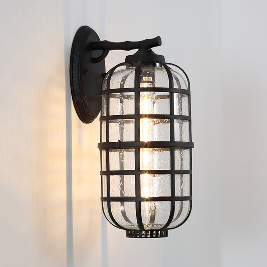 Lantern Courtyard Wall Mount Lamp Farmhouse Clear Bubble Glass 1 Bulb Black/Coffee Wall Lighting Ideas with Metal Cage Clearhalo 'Wall Lamps & Sconces' 'Wall Lights' Lighting' 818062