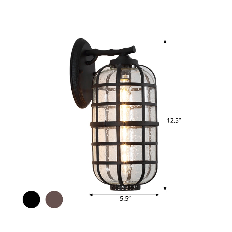 Lantern Courtyard Wall Mount Lamp Farmhouse Clear Bubble Glass 1 Bulb Black/Coffee Wall Lighting Ideas with Metal Cage Clearhalo 'Wall Lamps & Sconces' 'Wall Lights' Lighting' 818063