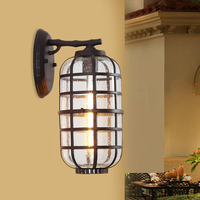 Lantern Courtyard Wall Mount Lamp Farmhouse Clear Bubble Glass 1 Bulb Black/Coffee Wall Lighting Ideas with Metal Cage Coffee Clearhalo 'Wall Lamps & Sconces' 'Wall Lights' Lighting' 818064