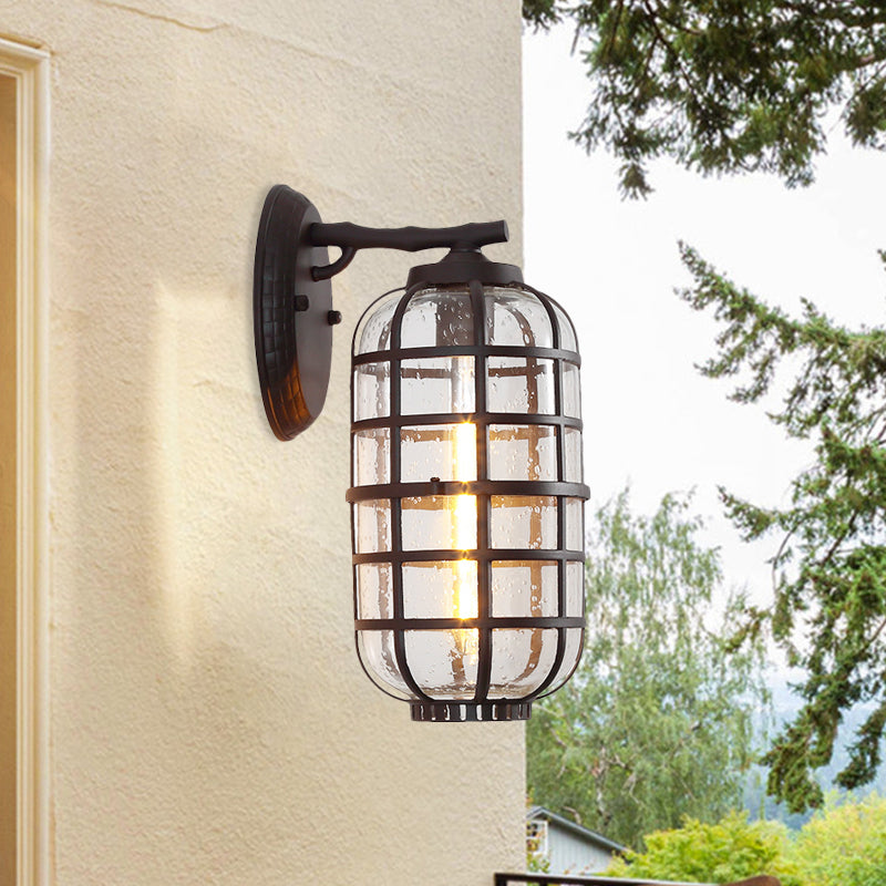 Lantern Courtyard Wall Mount Lamp Farmhouse Clear Bubble Glass 1 Bulb Black/Coffee Wall Lighting Ideas with Metal Cage Clearhalo 'Wall Lamps & Sconces' 'Wall Lights' Lighting' 818065