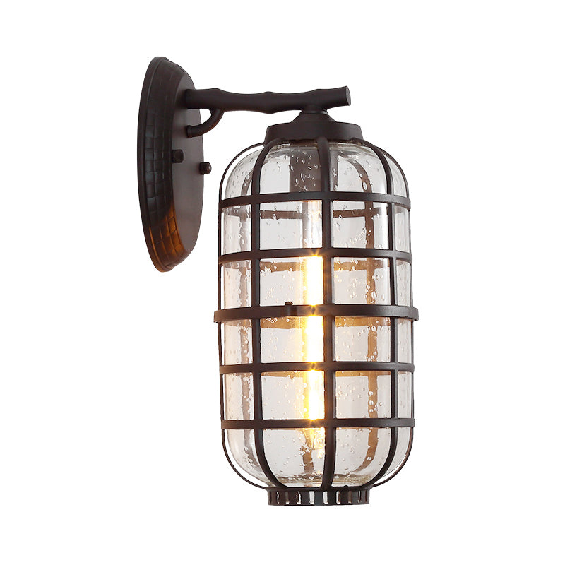 Lantern Courtyard Wall Mount Lamp Farmhouse Clear Bubble Glass 1 Bulb Black/Coffee Wall Lighting Ideas with Metal Cage Clearhalo 'Wall Lamps & Sconces' 'Wall Lights' Lighting' 818066