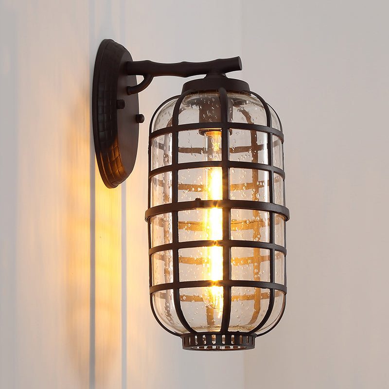 Lantern Courtyard Wall Mount Lamp Farmhouse Clear Bubble Glass 1 Bulb Black/Coffee Wall Lighting Ideas with Metal Cage Clearhalo 'Wall Lamps & Sconces' 'Wall Lights' Lighting' 818067