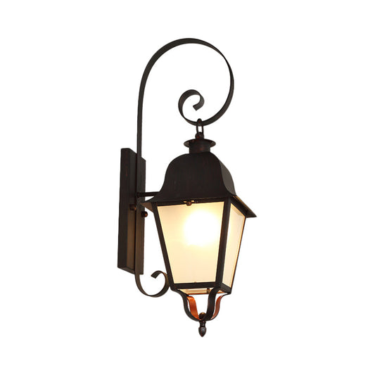 Cottage Curvy Wall Lamp 1 Light Metallic Sconce Light Fixture with Lantern Frosted Glass Shade in Black Clearhalo 'Wall Lamps & Sconces' 'Wall Lights' Lighting' 818089