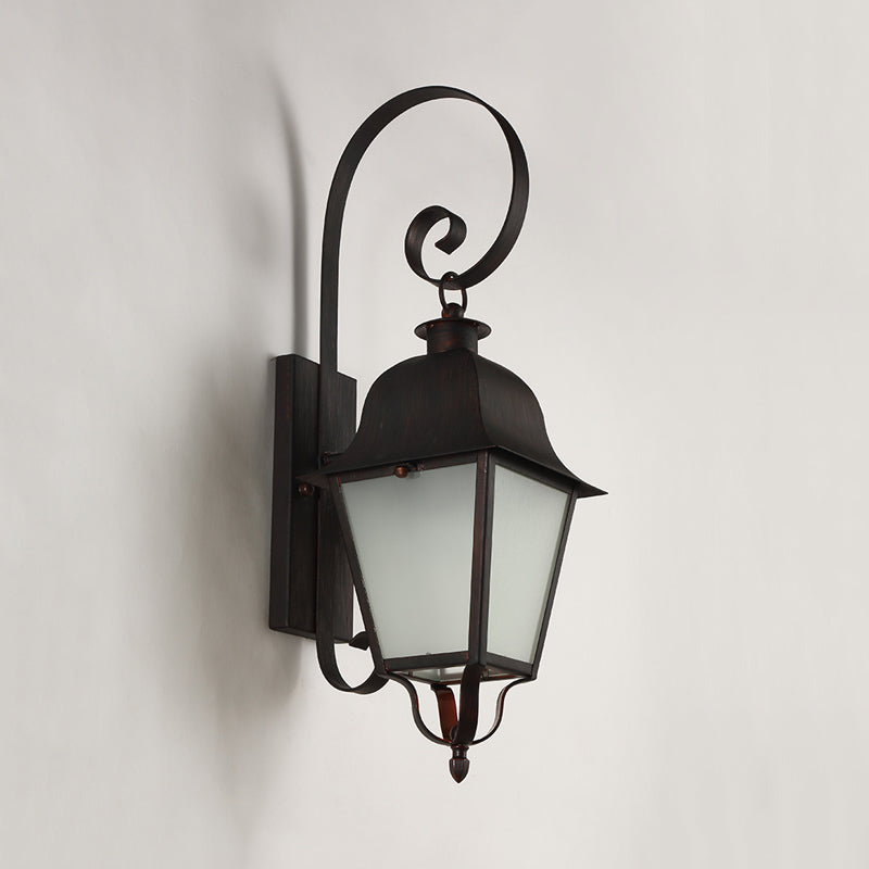 Cottage Curvy Wall Lamp 1 Light Metallic Sconce Light Fixture with Lantern Frosted Glass Shade in Black Clearhalo 'Wall Lamps & Sconces' 'Wall Lights' Lighting' 818090