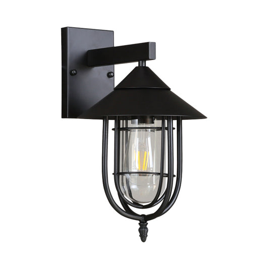 Clear Glass Black/Bronze Wall Hanging Light Capsule 1 Light Vintage Style Sconce Lamp with Metal Cage Clearhalo 'Wall Lamps & Sconces' 'Wall Lights' Lighting' 818094