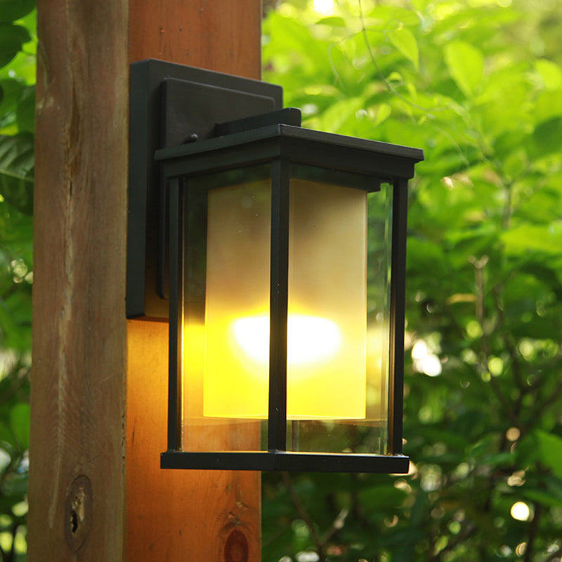 1 Bulb Wall Light Lodge Yard Amber Glass Sconce with Rectangle Clear Glass Shade in Black Black Clearhalo 'Wall Lamps & Sconces' 'Wall Lights' Lighting' 818100