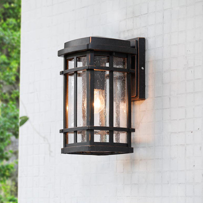 Black 1 Bulb Wall Light Fixture Farmhouse Clear Seedy Glass Rectangle Wall Lamp with Metal Frame Black Clearhalo 'Wall Lamps & Sconces' 'Wall Lights' Lighting' 818104