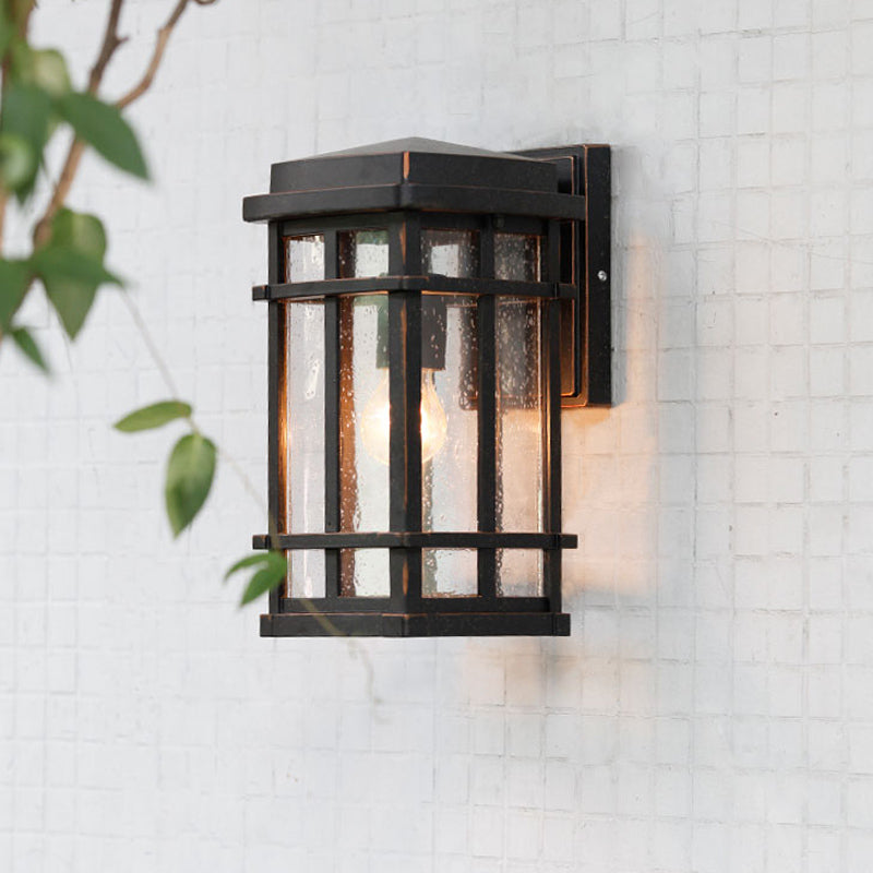 Black 1 Bulb Wall Light Fixture Farmhouse Clear Seedy Glass Rectangle Wall Lamp with Metal Frame Clearhalo 'Wall Lamps & Sconces' 'Wall Lights' Lighting' 818105