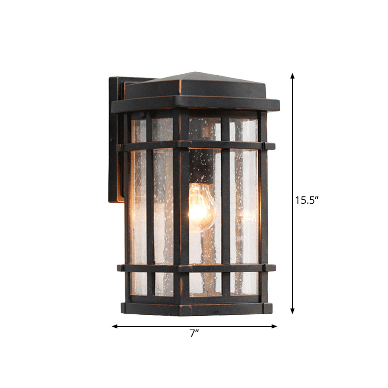 Black 1 Bulb Wall Light Fixture Farmhouse Clear Seedy Glass Rectangle Wall Lamp with Metal Frame Clearhalo 'Wall Lamps & Sconces' 'Wall Lights' Lighting' 818107