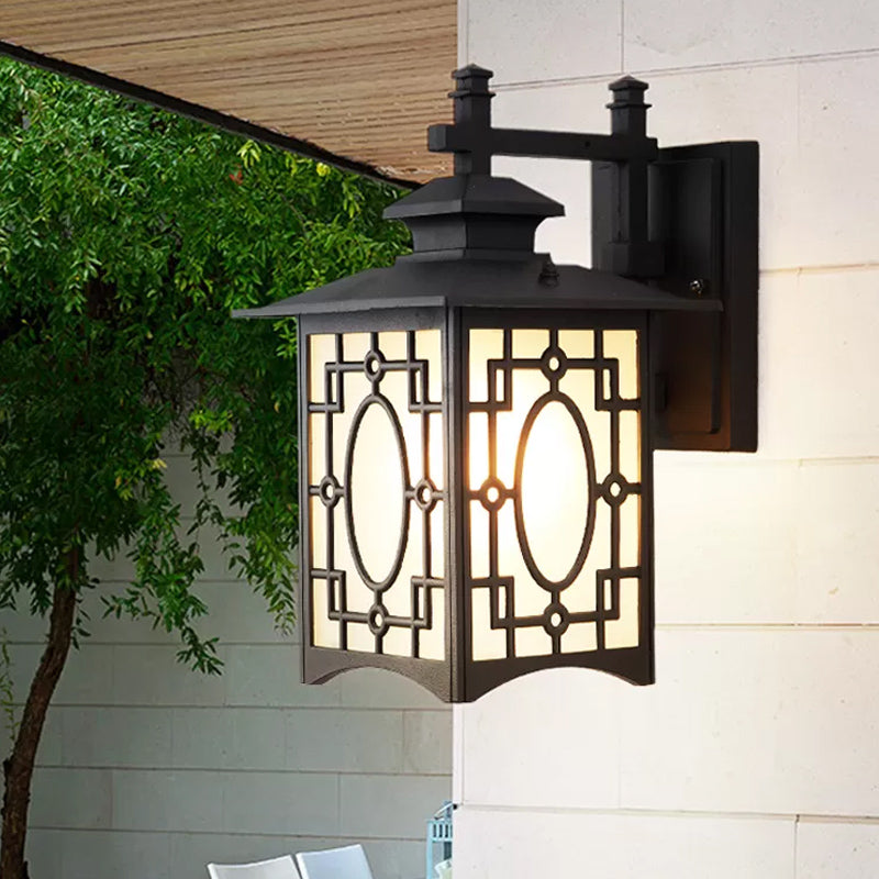 1 Head Frosted Glass Wall Lighting Rustic Black/Bronze Lantern Shaped Courtyard Sconce Light Black Clearhalo 'Wall Lamps & Sconces' 'Wall Lights' Lighting' 818108