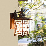1 Head Frosted Glass Wall Lighting Rustic Black/Bronze Lantern Shaped Courtyard Sconce Light Clearhalo 'Wall Lamps & Sconces' 'Wall Lights' Lighting' 818109