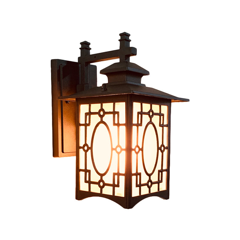 1 Head Frosted Glass Wall Lighting Rustic Black/Bronze Lantern Shaped Courtyard Sconce Light Clearhalo 'Wall Lamps & Sconces' 'Wall Lights' Lighting' 818110