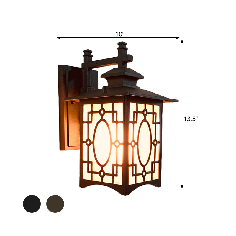 1 Head Frosted Glass Wall Lighting Rustic Black/Bronze Lantern Shaped Courtyard Sconce Light Clearhalo 'Wall Lamps & Sconces' 'Wall Lights' Lighting' 818111
