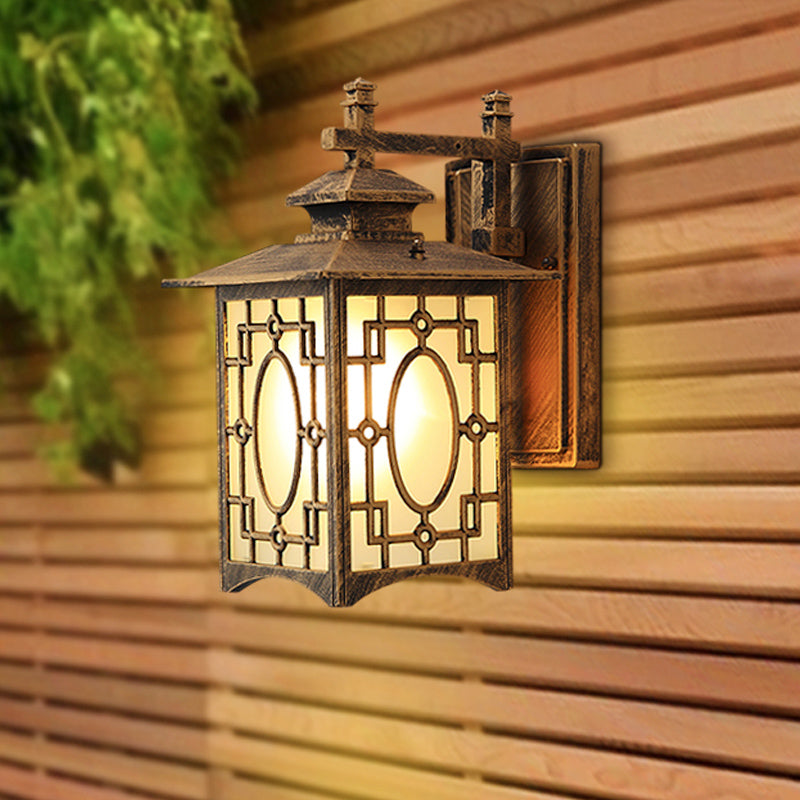 1 Head Frosted Glass Wall Lighting Rustic Black/Bronze Lantern Shaped Courtyard Sconce Light Clearhalo 'Wall Lamps & Sconces' 'Wall Lights' Lighting' 818114