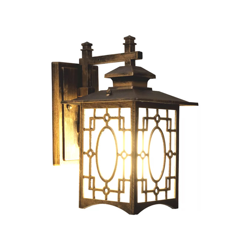 1 Head Frosted Glass Wall Lighting Rustic Black/Bronze Lantern Shaped Courtyard Sconce Light Clearhalo 'Wall Lamps & Sconces' 'Wall Lights' Lighting' 818115