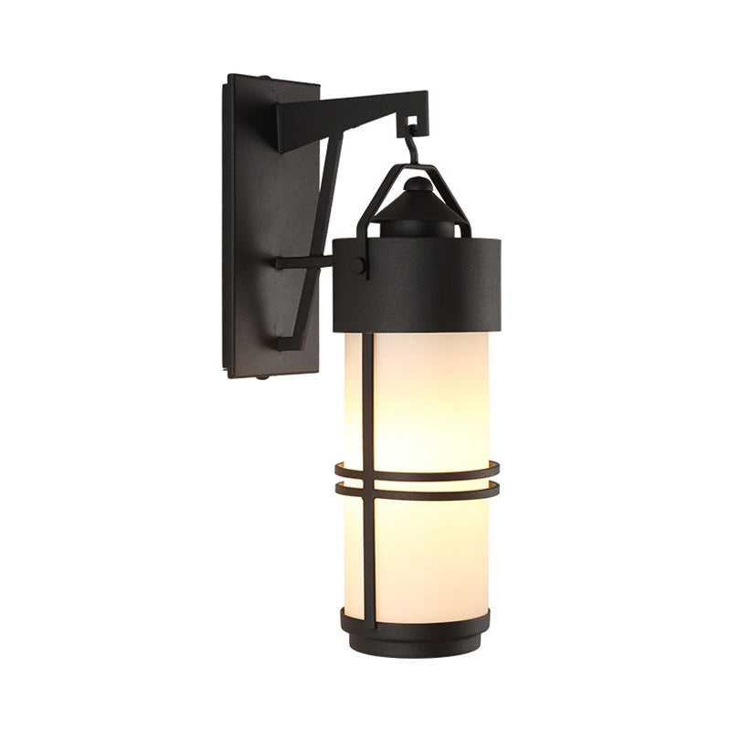 Cylindrical Stairs Wall Lighting Fixture Classic Cream Glass 1 Light Black Finish Sconce Light Clearhalo 'Wall Lamps & Sconces' 'Wall Lights' Lighting' 818117