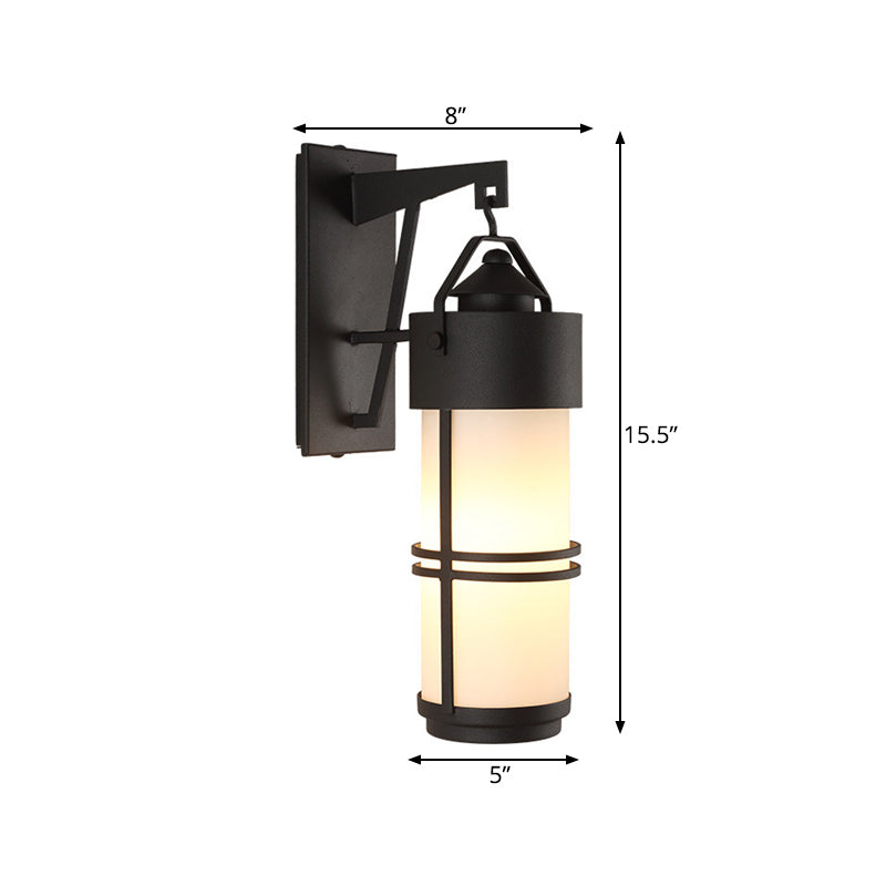 Cylindrical Stairs Wall Lighting Fixture Classic Cream Glass 1 Light Black Finish Sconce Light Clearhalo 'Wall Lamps & Sconces' 'Wall Lights' Lighting' 818119