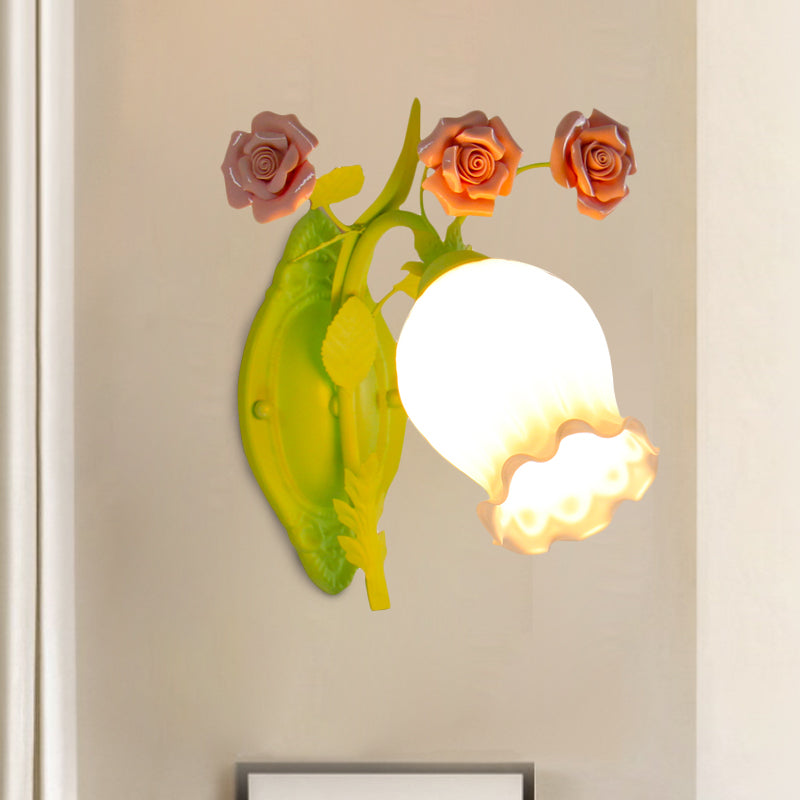 Bloom Bedroom Wall Mounted Light Retro Frosted Glass 1 Bulb Green Sconce Light with Flowers Deco Green Clearhalo 'Wall Lamps & Sconces' 'Wall Lights' Lighting' 818138