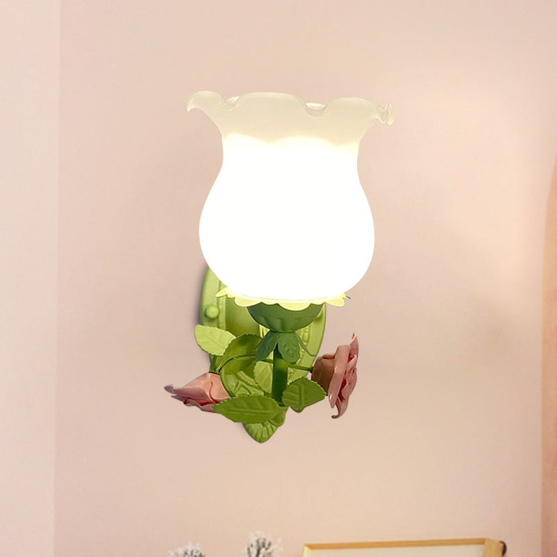 1 Light Sconce Light Fixture with Flower Glass Rustic Bedroom Wall Mounted Lamp with Bloom Deco in White/Green Green Clearhalo 'Wall Lamps & Sconces' 'Wall Lights' Lighting' 818142