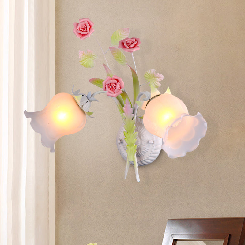 Floral Sconce Light Rural 2 Lights Opal Glass Wall Light Fixture with Bloom Deco in Green/White/Pink White-Green Clearhalo 'Wall Lamps & Sconces' 'Wall Lights' Lighting' 818150