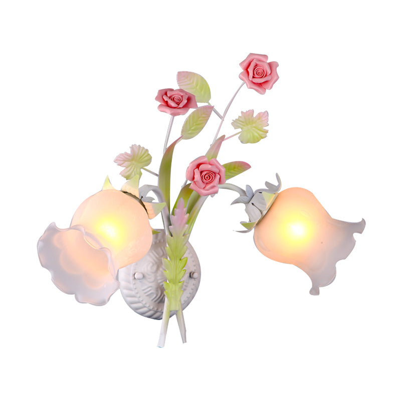 Floral Sconce Light Rural 2 Lights Opal Glass Wall Light Fixture with Bloom Deco in Green/White/Pink Clearhalo 'Wall Lamps & Sconces' 'Wall Lights' Lighting' 818152