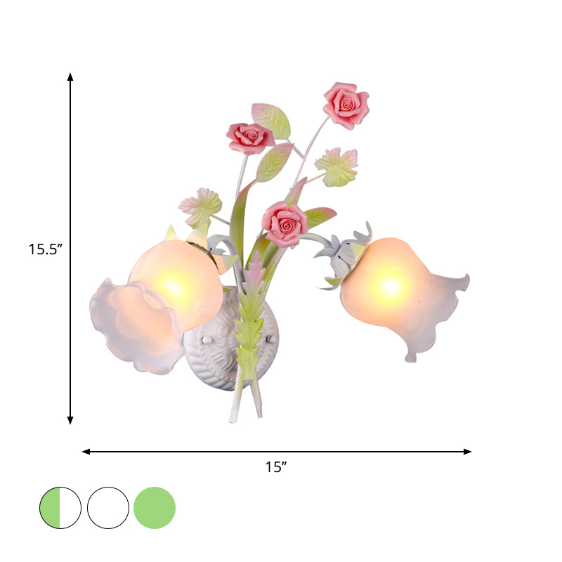 Floral Sconce Light Rural 2 Lights Opal Glass Wall Light Fixture with Bloom Deco in Green/White/Pink Clearhalo 'Wall Lamps & Sconces' 'Wall Lights' Lighting' 818153